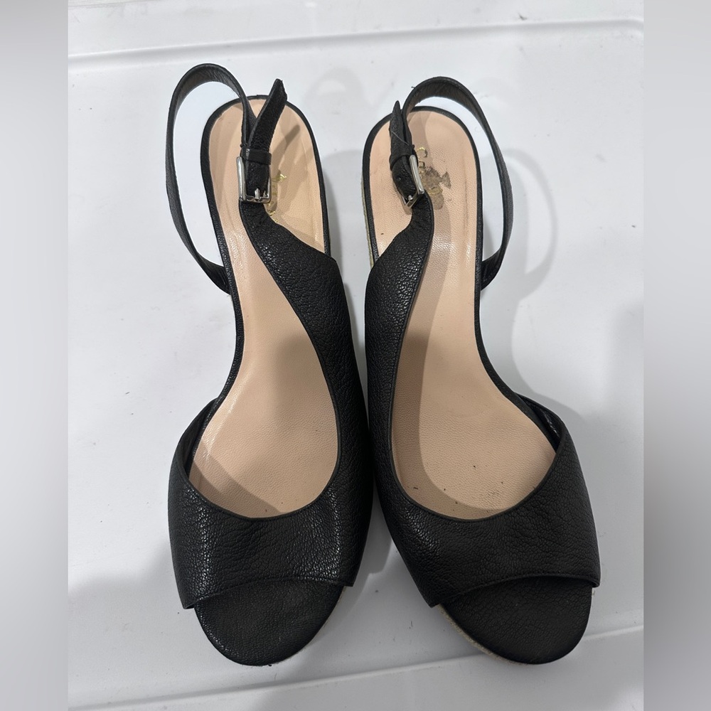 Cole Haan Nike air black leather espadrille peep toe wedge size 9